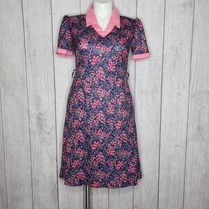 VTG Handmade Blue & Pink Floral Dress w/ Pink Collar, sz Large